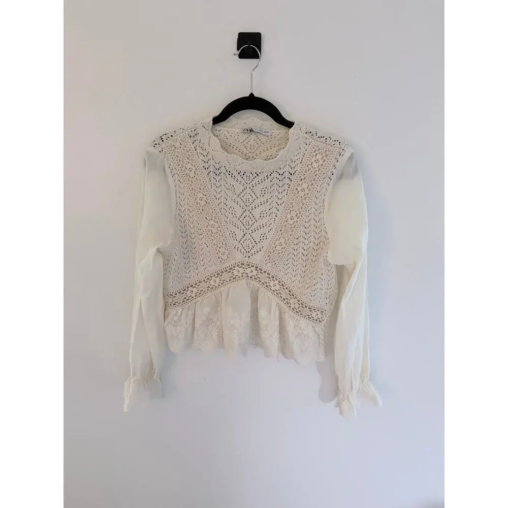 Zara Cream Knit Crochet Lace Scalloped Hem Long Sleeve Top-Size Small